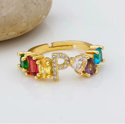 Adjustable A-Z Initial Ring Bohemian Copper Zircon  Rainbow Letter Rings for Women Girls Party Wedding Jewelry