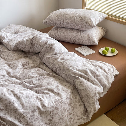 Double Layer Cotton Bedding Set Infant Class Softness Floral Design Duvet Cover Bed Sheet Pillowcases 4 Pieces Bedding Set