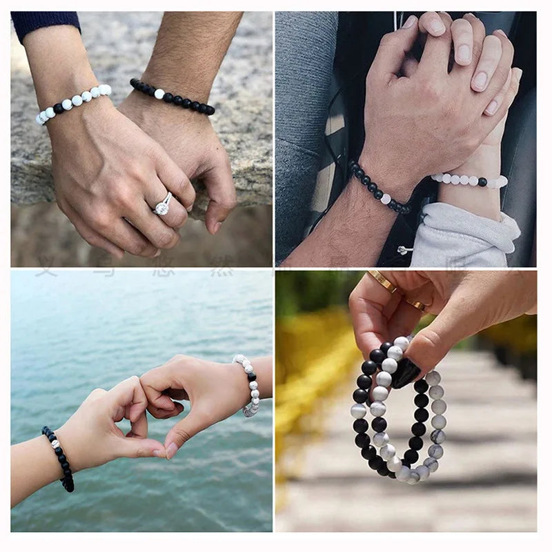 2Pcs/Set Couple Distance Beaded Bracelet Natural Stone Strand Bracelets Homme Charm Yoga Jewelry for Women Men Best Friend