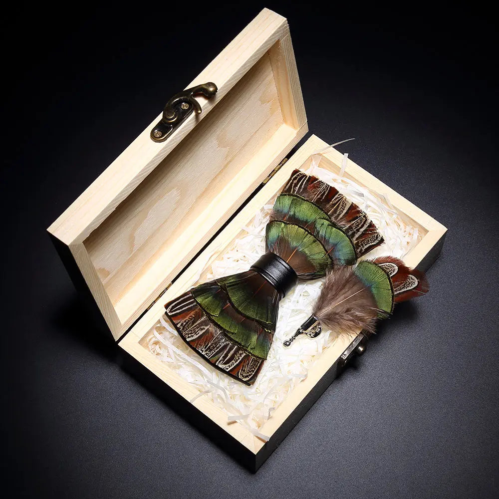 KAMBERFT Design Handmade Feather Bow Tie Brooch Wooden Box Set High Quality Men's Bowtie Leather Tie for Wedding Party Banquet