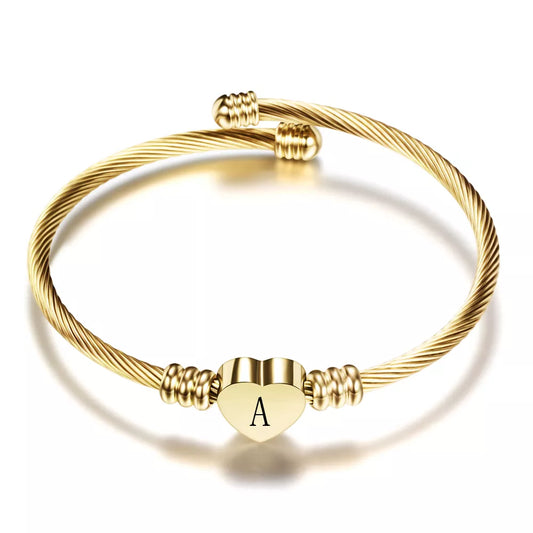 Girls Gold Color Stainless Steel Heart Bracelet Bangle With Letter Initial Alphabet Charms Bracelets for Women