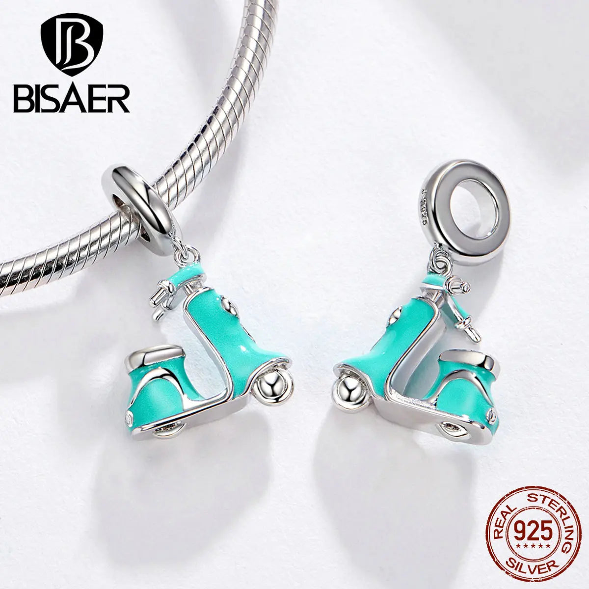 BISAER 925 Sterling Silver Blue Travel Suitcase Charm Pink Car Pendant Family House Home Beads Fit Women Bracelet DIY Jewelry
