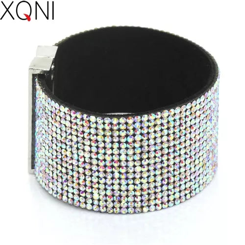 XQNI Brand Classic Crystal Female Leather Bracelet Bangles 19CM High Quality Rhinestone Wrap Charm Women Bracelet Jewelry