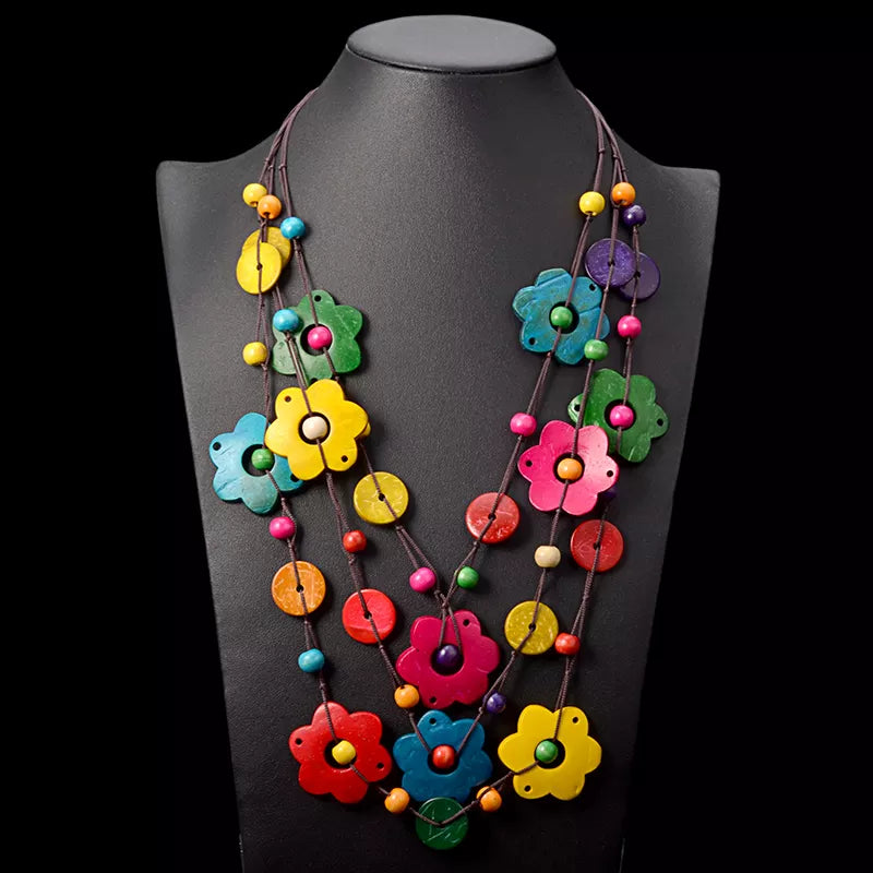 UDDEIN Bohemian Maxi Necklace for Women Party Jewelry Multi Layer Wood Tassel Pendant Statement Choker Flower Necklace Collar
