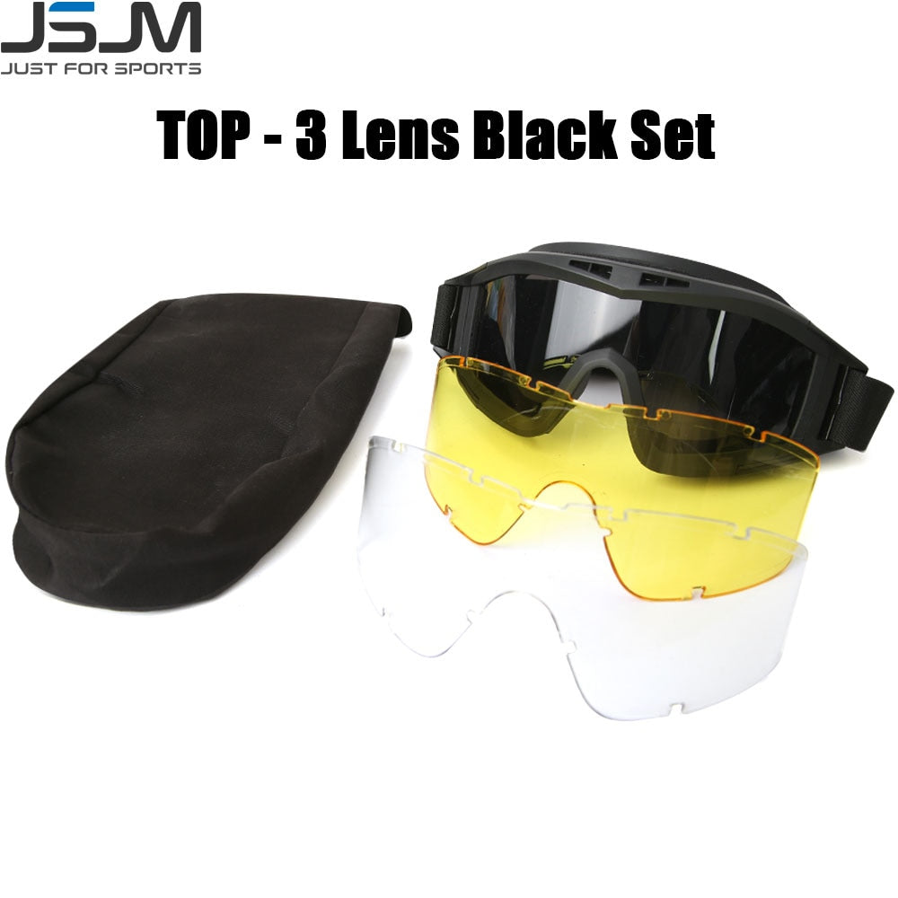 JSJM New Tactical Goggles 3 Lens Windproof Dustproof Safety Protection Motocross Motorcycle Mountaineering Glasses Men UV400