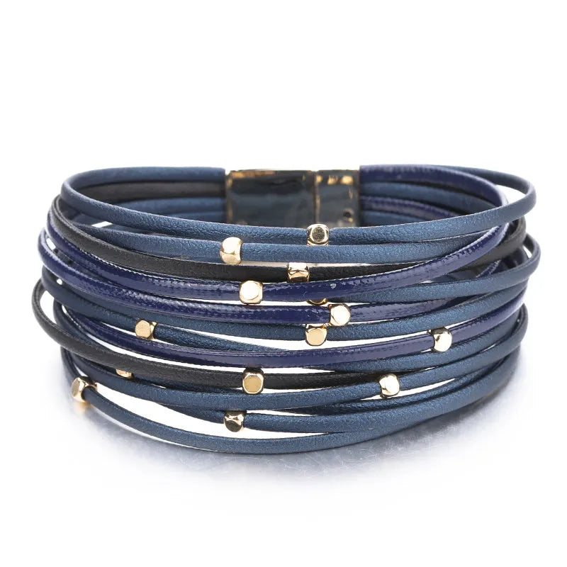 ALLYES Metal Beads Leather Bracelets for Women 2023 Slim Strips Boho Multilayer Wide Wrap Bracelet Femme Jewelry