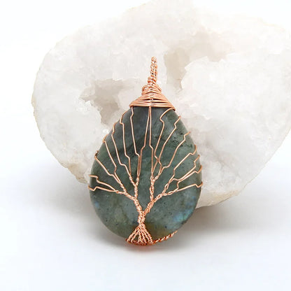 Natural Purple Quartz Opal Stone Pendants Handmade Rose Gold Color Tree of Life Wrapped Drop Shaped Crystal Pendant Necklace