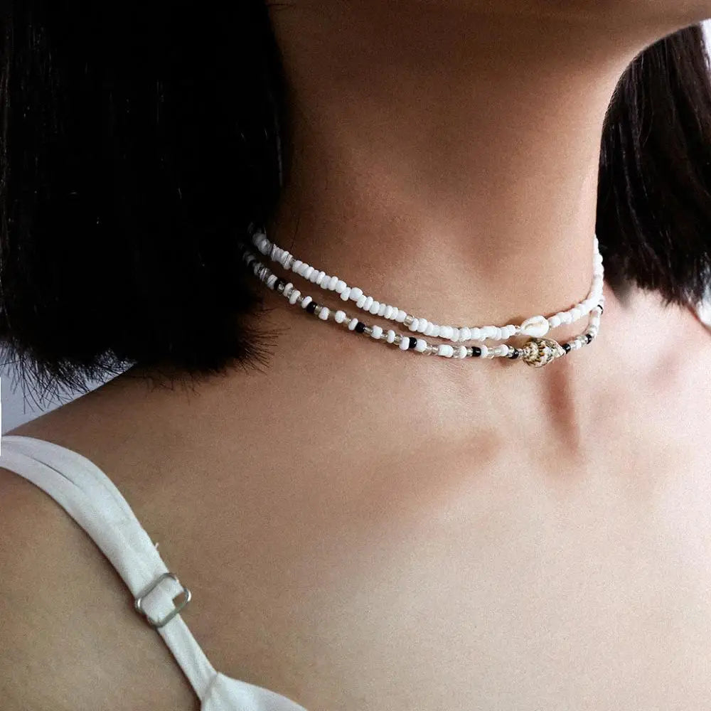 Separable 2 Layered White/Black Beads Necklaces Korean Small Beaded Conch Acrylic Shell Choker Necklace for Women Fashion Collar