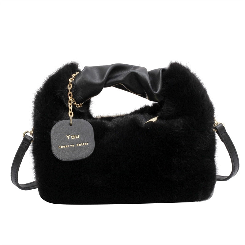 Women Faux Fur Handbags Zipper Small Lady Shoulder Crossbody Bag Casual Tote Half-Moon Hobos Winder