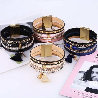 HOCOLE Fashion Gem Rhinestone Magnetic Leather Bracelets & Bangles Bohemian Handmade Multilayer Wrap Jewelry Women Pulseira