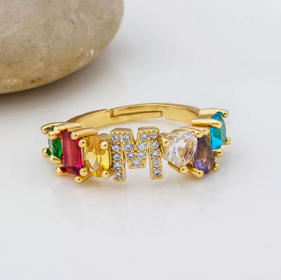 Adjustable A-Z Initial Ring Bohemian Copper Zircon  Rainbow Letter Rings for Women Girls Party Wedding Jewelry