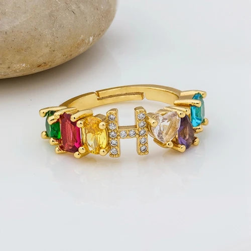 Adjustable A-Z Initial Ring Bohemian Copper Zircon  Rainbow Letter Rings for Women Girls Party Wedding Jewelry