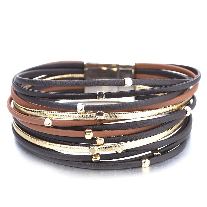 ALLYES Metal Beads Leather Bracelets for Women 2023 Slim Strips Boho Multilayer Wide Wrap Bracelet Femme Jewelry