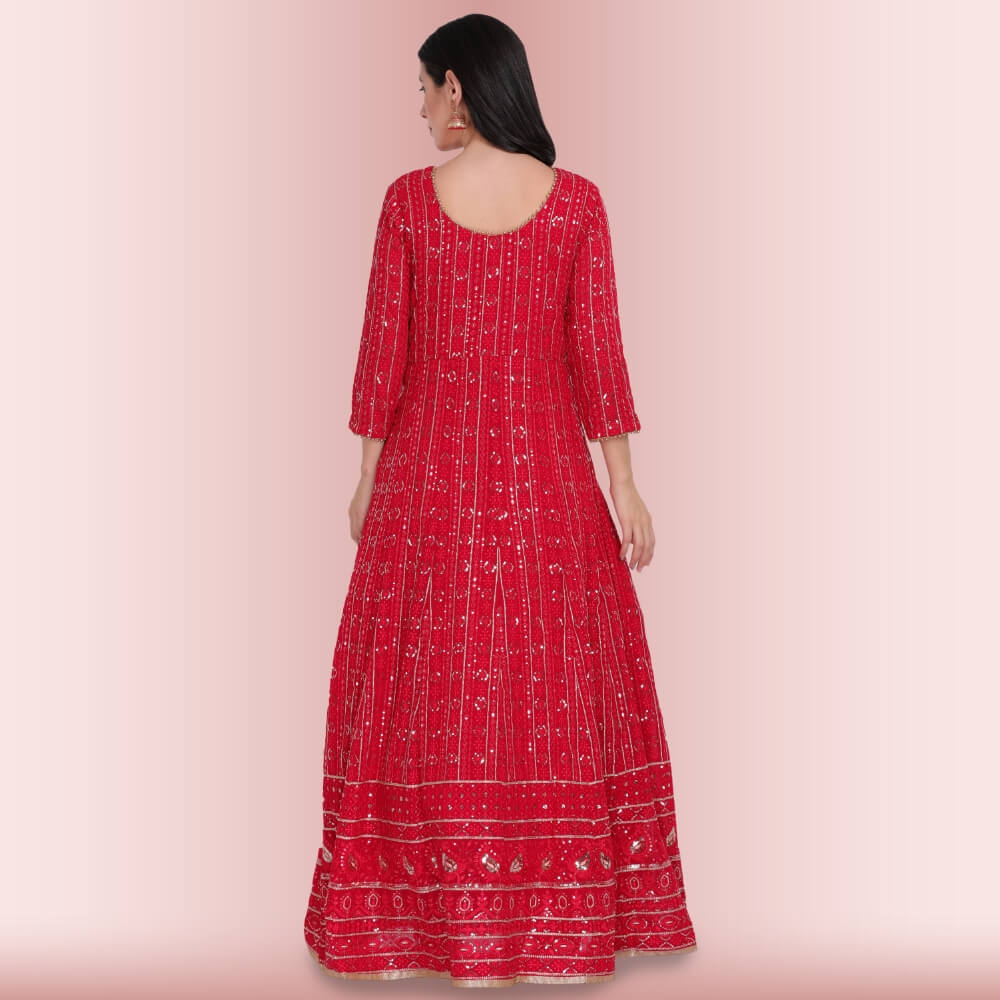 Sequin and Resham Work Anarkali Gown Dress - Red