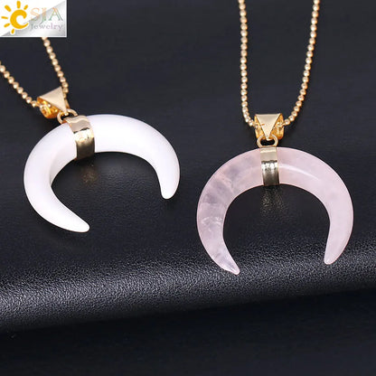 CSJA Natural Stones Crescent Moon Necklaces Pendants Purple Crystal Pink Quartz White Stone Gold Color Reiki Women F306