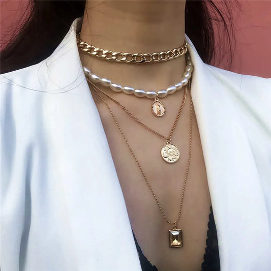IngeSight.Z Punk Multi Layered Imitation Pearl Choker Necklace Collar Virgin Mary Coin Crystal Pendant Neck Women Jewelry