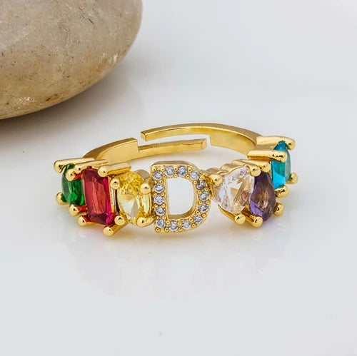 Adjustable A-Z Initial Ring Bohemian Copper Zircon  Rainbow Letter Rings for Women Girls Party Wedding Jewelry