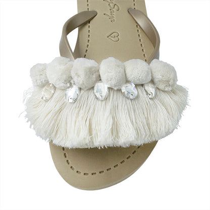 White Pom Pom Fringe - Embellished Flat Flip Flops Sandal