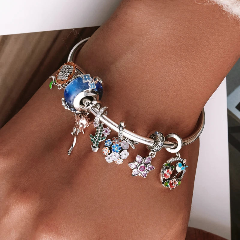 WOSTU New Fashion 925 Sterling Silver Cactus & Flower Beads Green Zircon Fit Original Bracelet Pendant Charms DIY Jewelry CTC121
