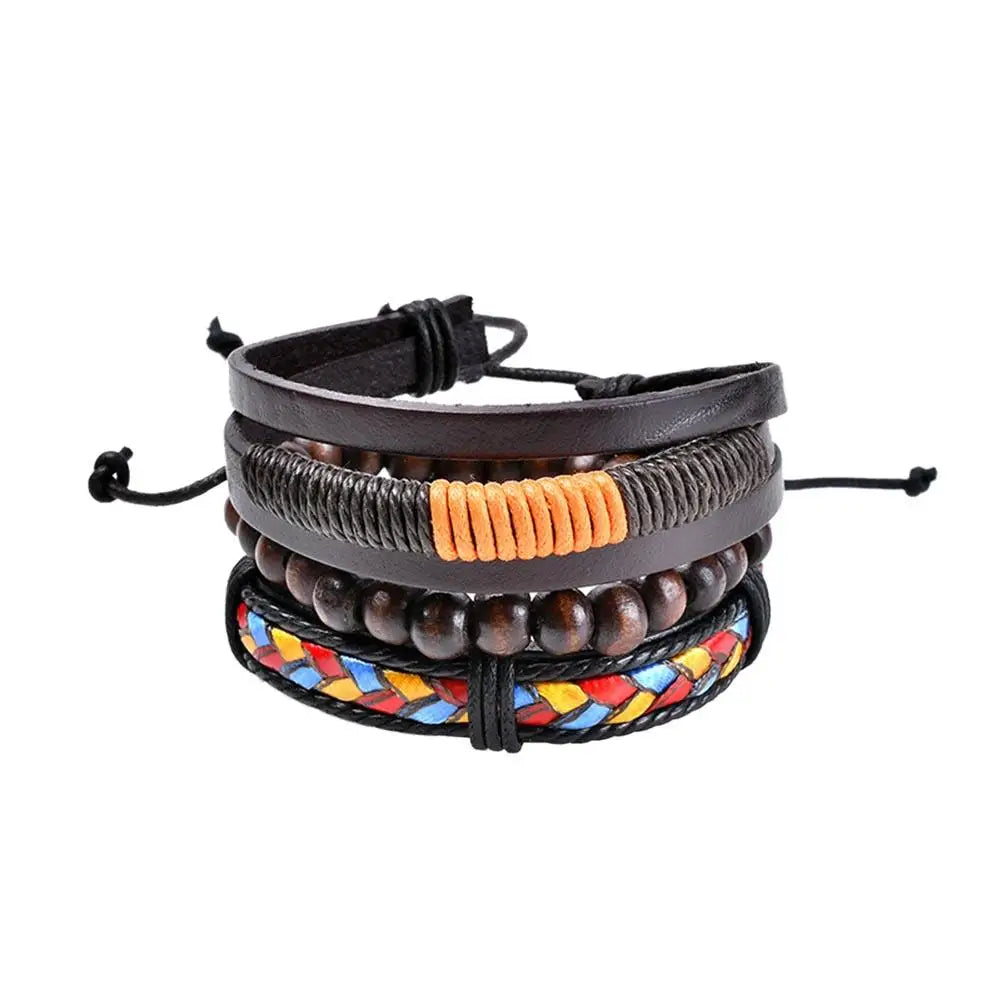 Multilevel Braided Wrap Leather Bracelets for Men Vintage Leather Bracelet Charm Wood Beads Ethnic Wristbands