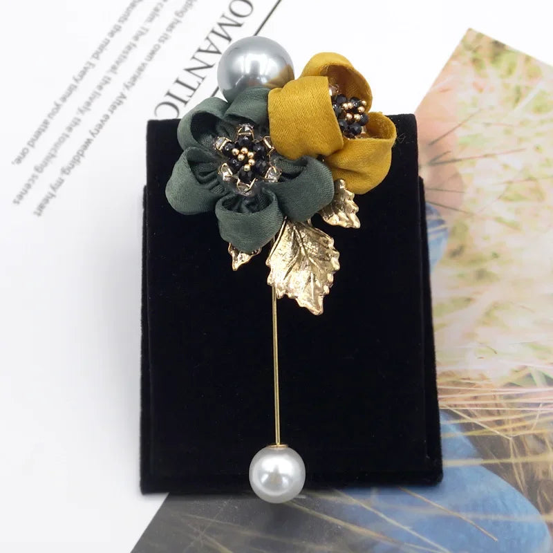 I-Remiel Ladies Cloth Art Pearl Fabric Flower Brooch Pin Cardigan Shirt Shawl Pin Professional Coat Badge Jewelry Accessories