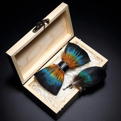 KAMBERFT Design Handmade Feather Bow Tie Brooch Wooden Box Set High Quality Men's Bowtie Leather Tie for Wedding Party Banquet