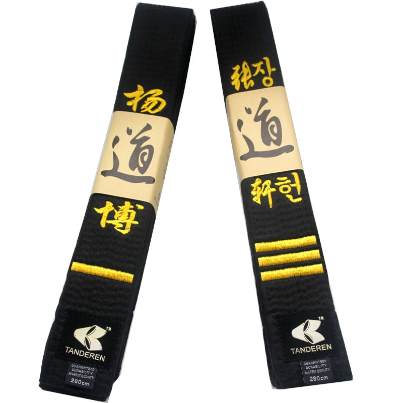Customizable Taekwondo Black Belt WTF ITF 1.8m-3.2m Black Belt Embroidery Golden Line Name Karate Judo Uniform Cotton Waist Band
