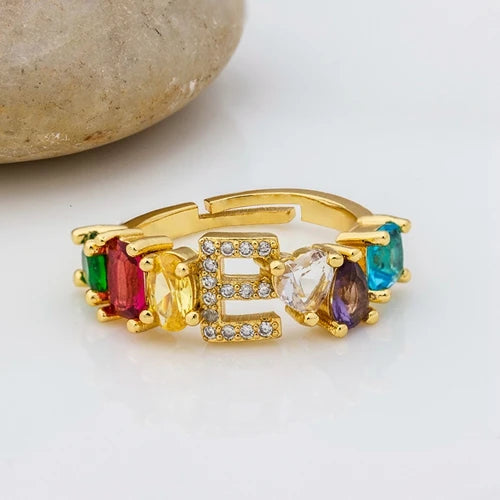 Adjustable A-Z Initial Ring Bohemian Copper Zircon  Rainbow Letter Rings for Women Girls Party Wedding Jewelry