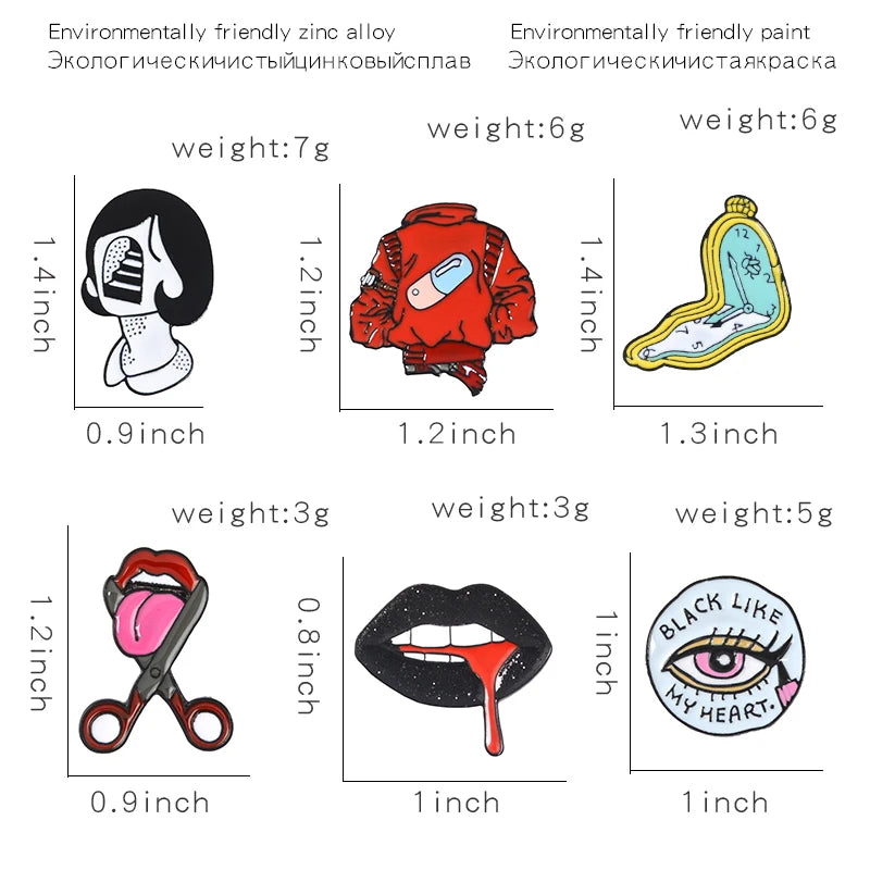 Pill Eyeliner Tongue Lips Enamel Pins Twisted Clock Girl Brooches Denim Shirt Lapel Pin Bag Punk Cool Jewelry for Friends