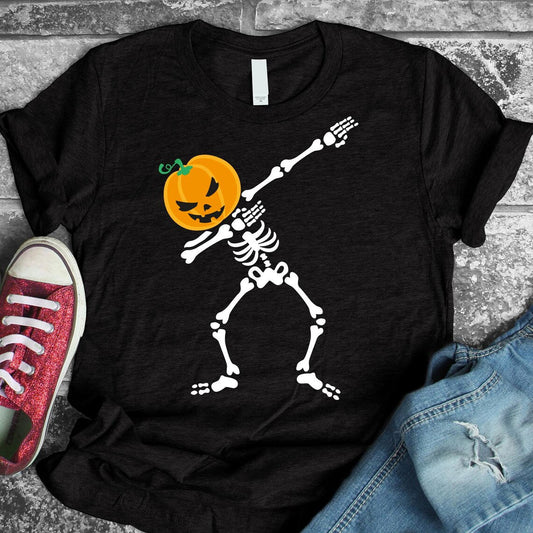 Skeleton Pumpkin Dabbing Halloween T-Shirt