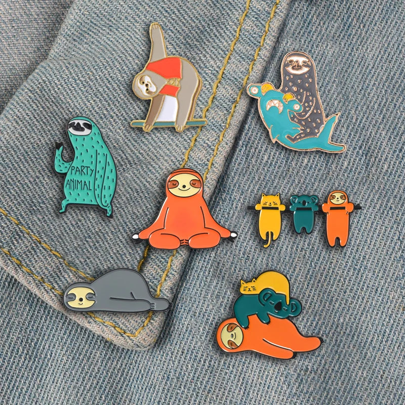Funny Sloth Series Badges Brooches Cute Nickname Flash Denim Enamel Lapel Pins for Kids Fans Friends Jewelry
