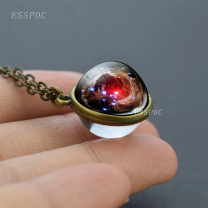 Full Moon Sphere Crystal Ball Glass Necklace Handmade Double Side Glass Ball Pendant Solar System Outer Space Astronomy Jewelry