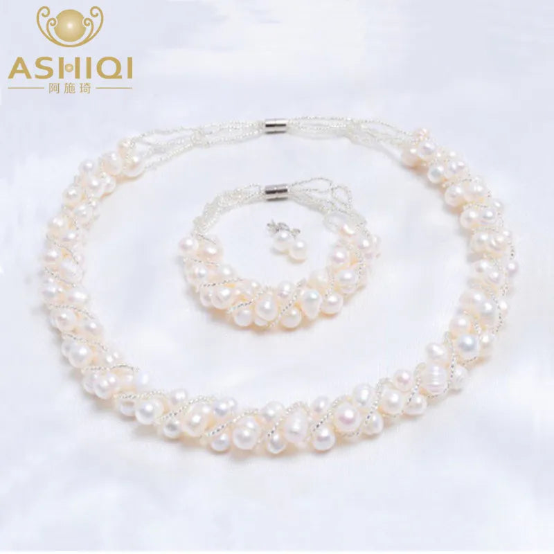 ASHIQI Real Natural Freshwater Pearl Handmade Jewelry Sets & More Necklace Bracelet 925 Silver Earrings for Women Wedding