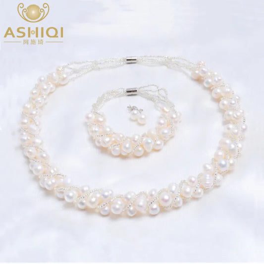 ASHIQI Real Natural Freshwater Pearl Handmade Jewelry Sets & More Necklace Bracelet 925 Silver Earrings for Women Wedding