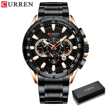 CURREN New Casual Sport Chronograph Men's Watches Stainless Steel Band Wristwatch Big Dial Quartz Clock With Luminous Pointers