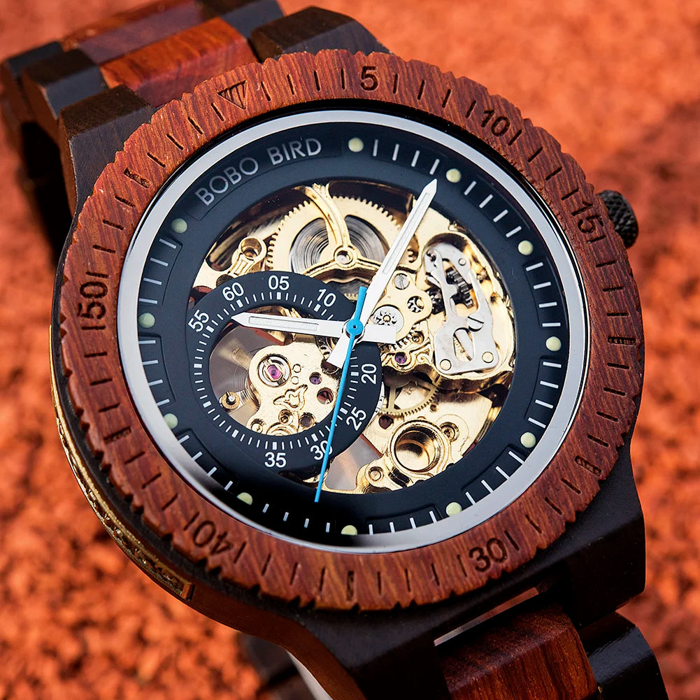 Wooden Automatic Mechanical Watch Men Wristwatch BOBO BIRD Top Luminous Hands Clock Custom Relogio Masculino