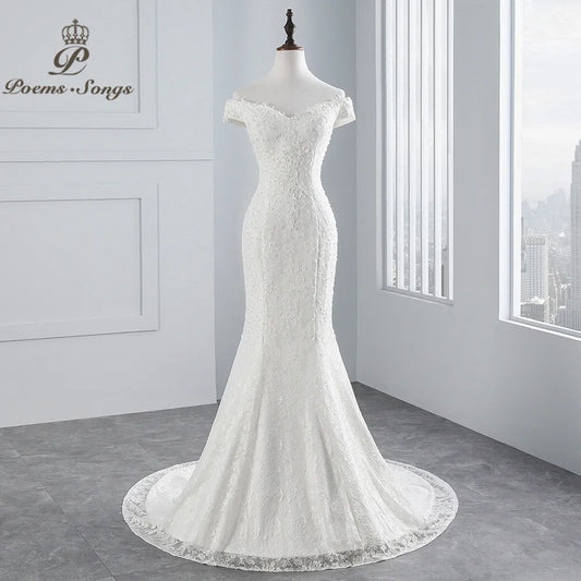 PoemsSongs Real Photo Boat Neck Beautiful Lace Wedding Dress  for Wedding Vestido De Noiva Mermaid Wedding Dress