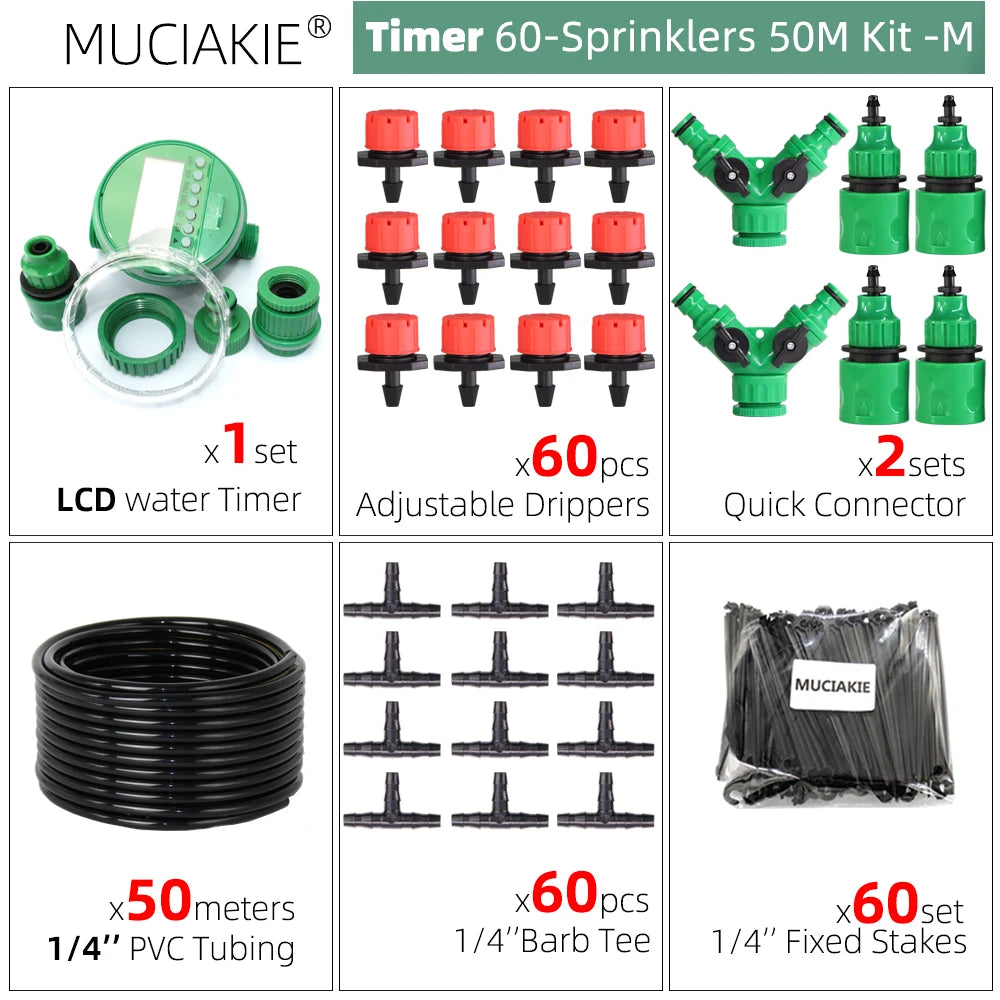 MUCIAKIE 50m-5m DIY Drip Irrigation System Automatic Watering Garden Hose Micro Drip Watering Kits With Adjustable Drippers