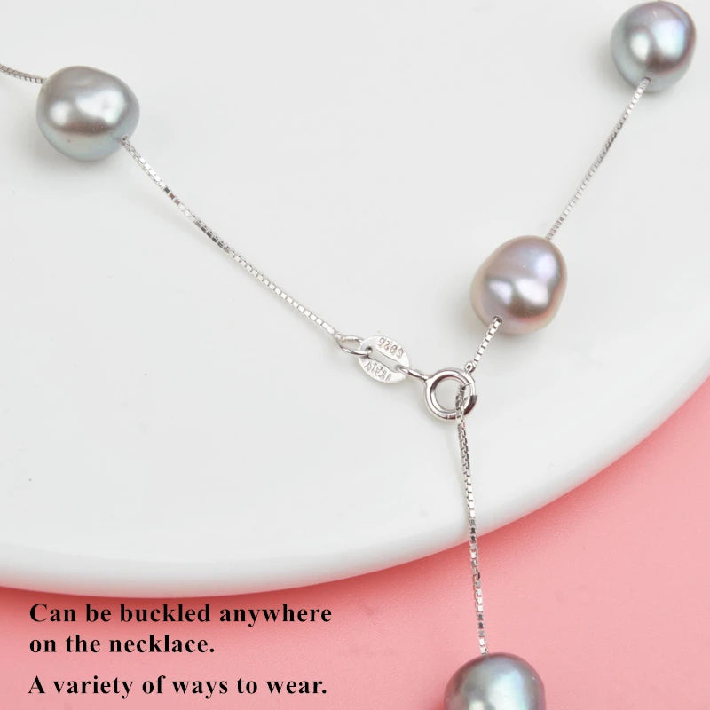 ASHIQI Real Pure 925 Sterling Silver Chain Pendant Necklace for Women 8-9mm White Gray Natural Freshwater Baroque Pearl Jewelry