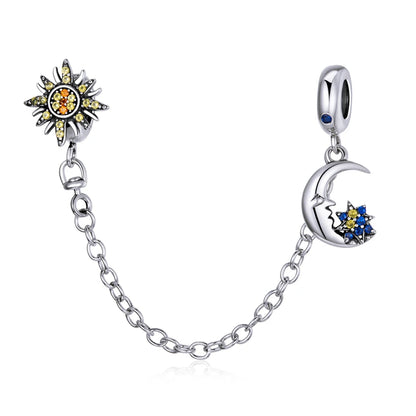BISAER 925 Sterling Silver Safety Chain Collection Heart Star Charms  Silicone Bead Fit Women Bracelet Fine Jewelry Accessories
