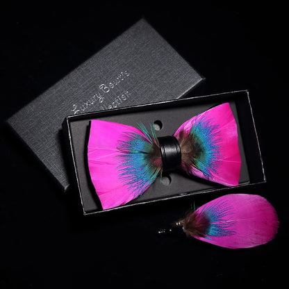 KAMBERFT Designer Brand Handmade Feather and Leather Pre-Tied Bow Tie and Brooch Sets for Men Wedding Party Best Cravate