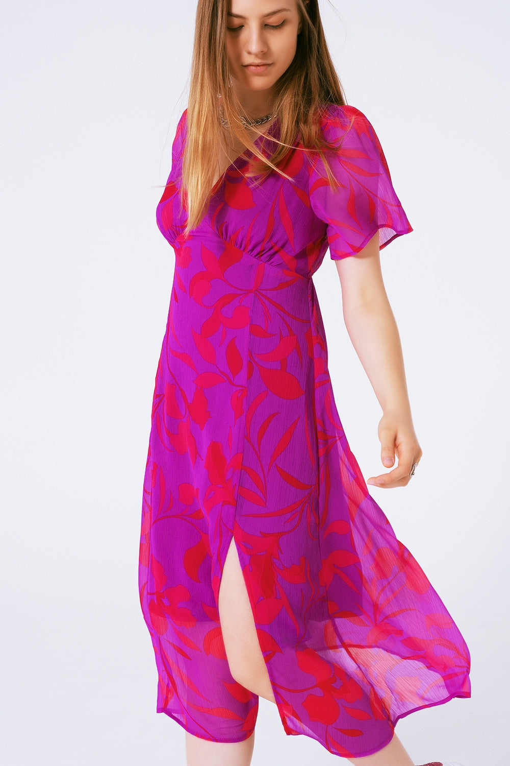 Short Sleeve V-Neck Chiffon Maxi Dress in Floral Print