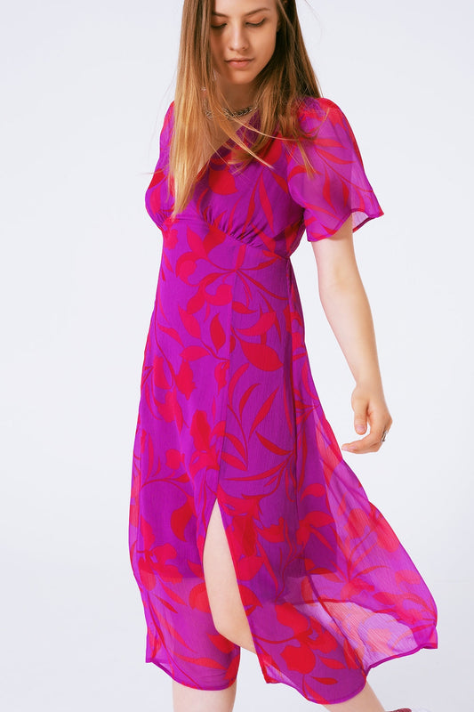 Short Sleeve V-Neck Chiffon Maxi Dress in Floral Print