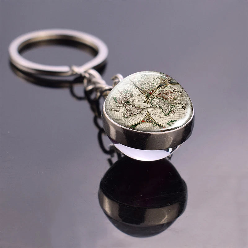Vintage World Map Keychain Globe Earth Pendant Key Chain Americas Europe Australia Map Keychain Keyfob Christmas