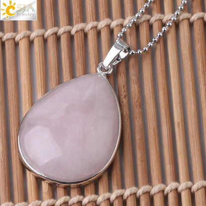 CSJA Natural Stone Pendants  Tiger Eye Pink Quartz Purple Crystal Lapis Necklace Water Drop Flat Bead Women Healing Jewelry F982