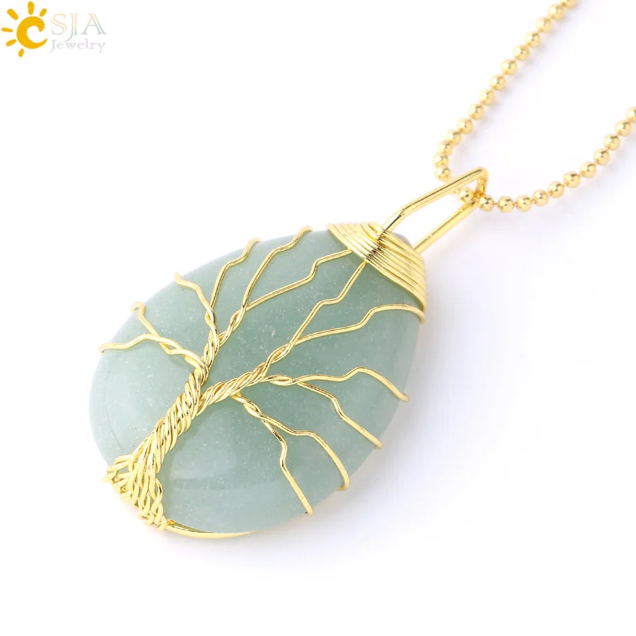 Tiger Eye Tree of Life Crystal Necklace Natural Stone Pendant Wire Wrap Rose Crystals Pink Quartz Amethyst Green Aventurine E585
