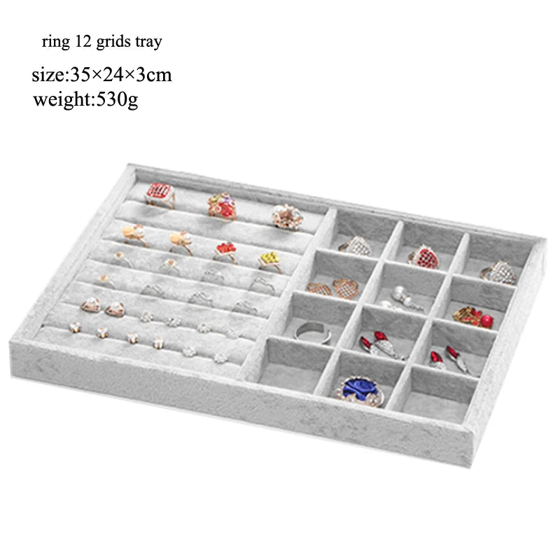 Ice Grey Velvet Jewelry Tray Jewelllery Storage Box Watch Holder Necklace Ring Earrings Pendant Display Organizer Series