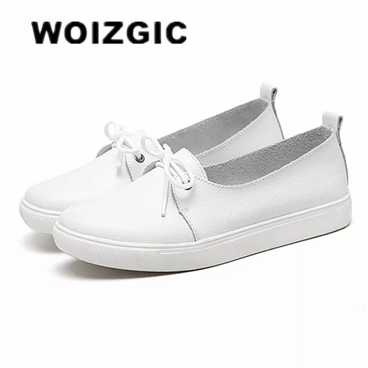 WOIZGIC Women Students Gril Female Leather White Shoes Flats Platform Lace Up Korean Casual Vulcanized Shoes FEZ-173