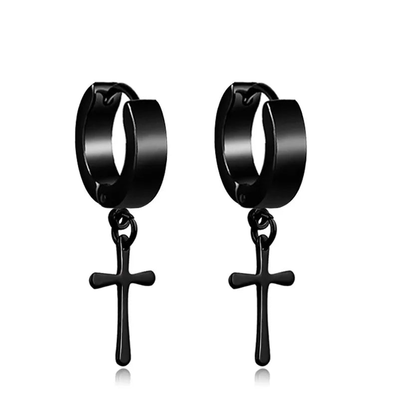 1 Piece Men Cross Stars Pendant Punk Round Cartilage Stainless Steel Earring for Men Piercing Stud Earrings for Women