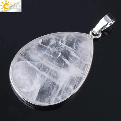 CSJA Natural Stone Pendants  Tiger Eye Pink Quartz Purple Crystal Lapis Necklace Water Drop Flat Bead Women Healing Jewelry F982